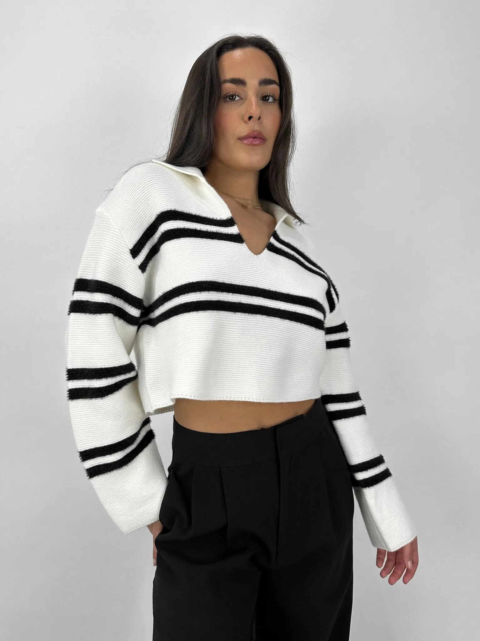 Striped V Neck Collared Sweater