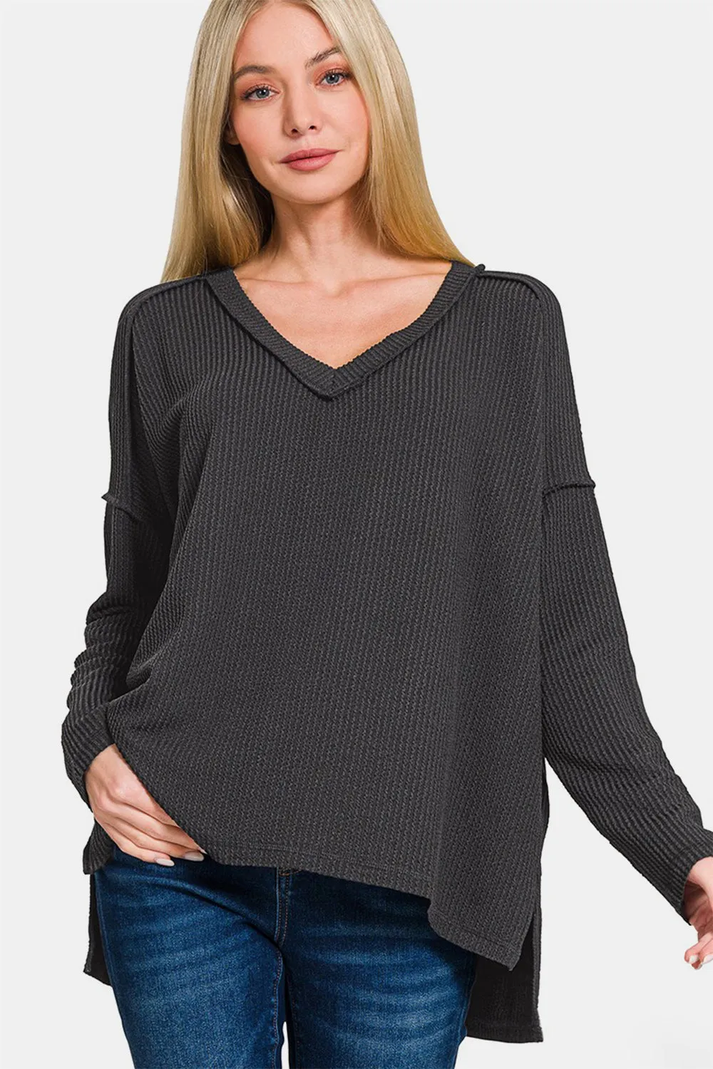 Texture Exposed Seam V-Neck Long Sleeve T-Shirt