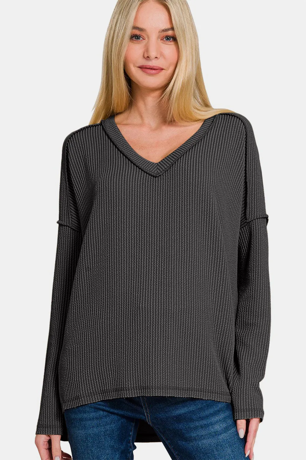 Texture Exposed Seam V-Neck Long Sleeve T-Shirt