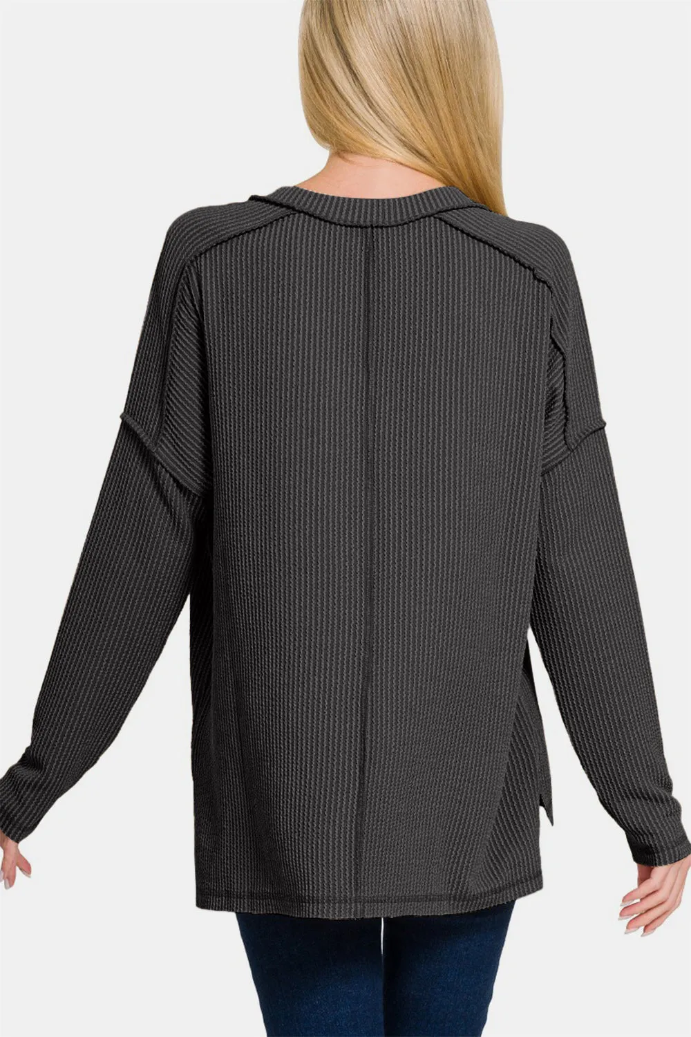 Texture Exposed Seam V-Neck Long Sleeve T-Shirt