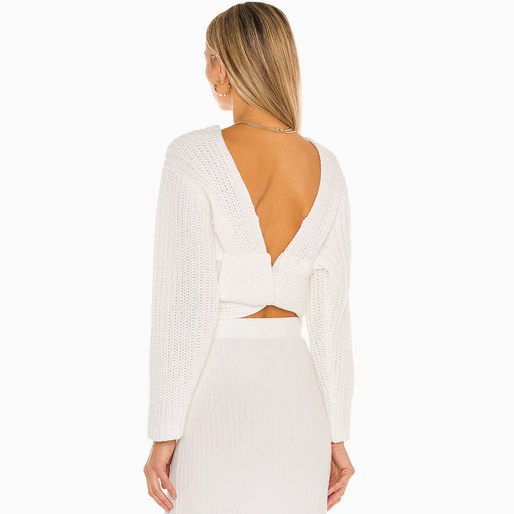 Trendy Long Sleeve Self Tie Deep V Knit Sweater - White