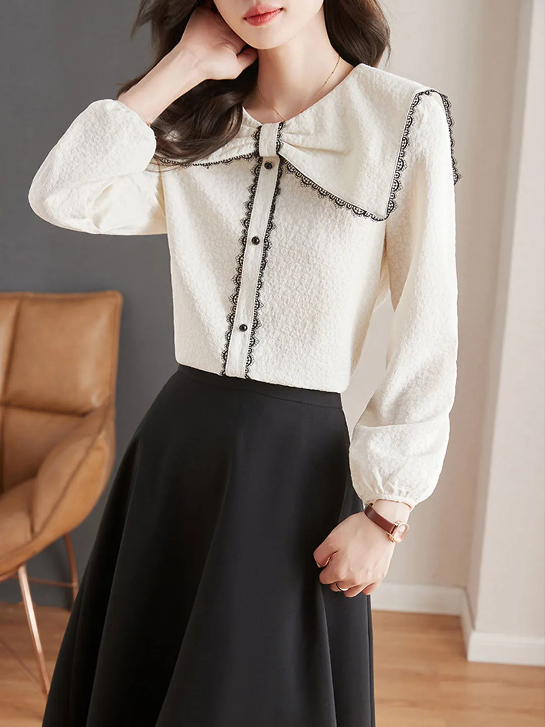 Trinity Classic Lattern Sleeve Lace Chiffon Shirt