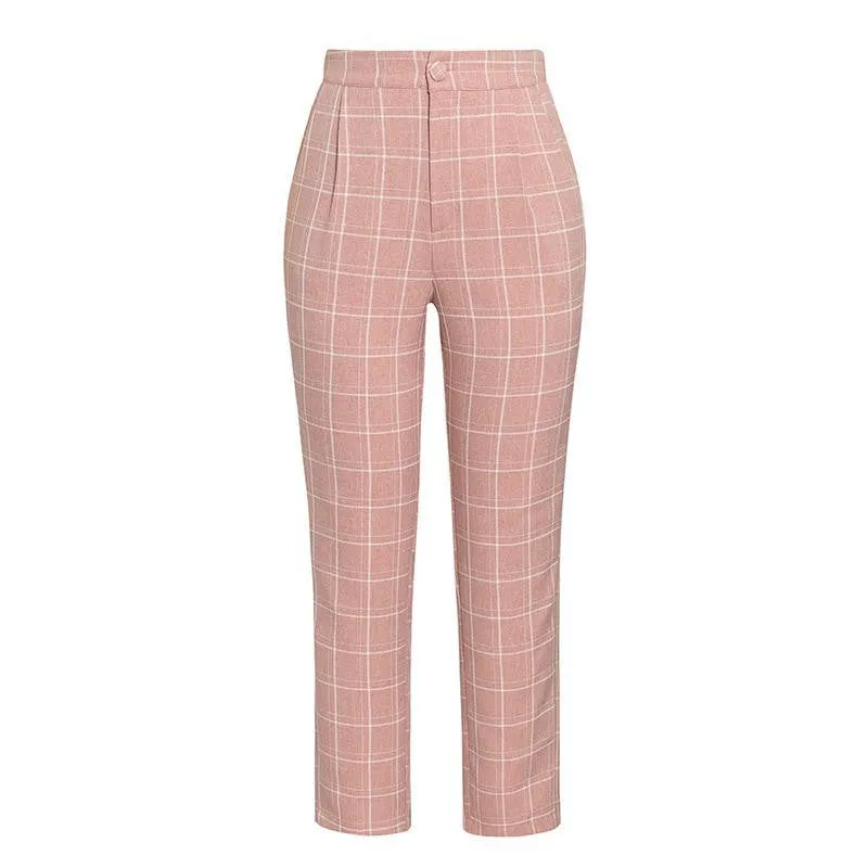 Two-piece pink plaid nine-point pants slim suit women