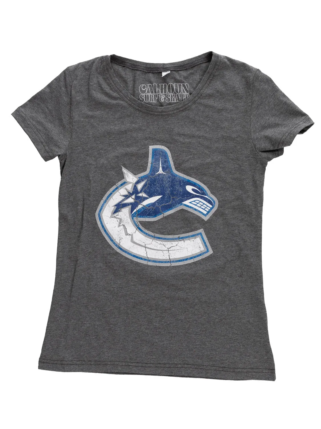 Vancouver Canucks Women's Distressed Print Fitted Crew Neck Premium T-Shirt - Charcoal