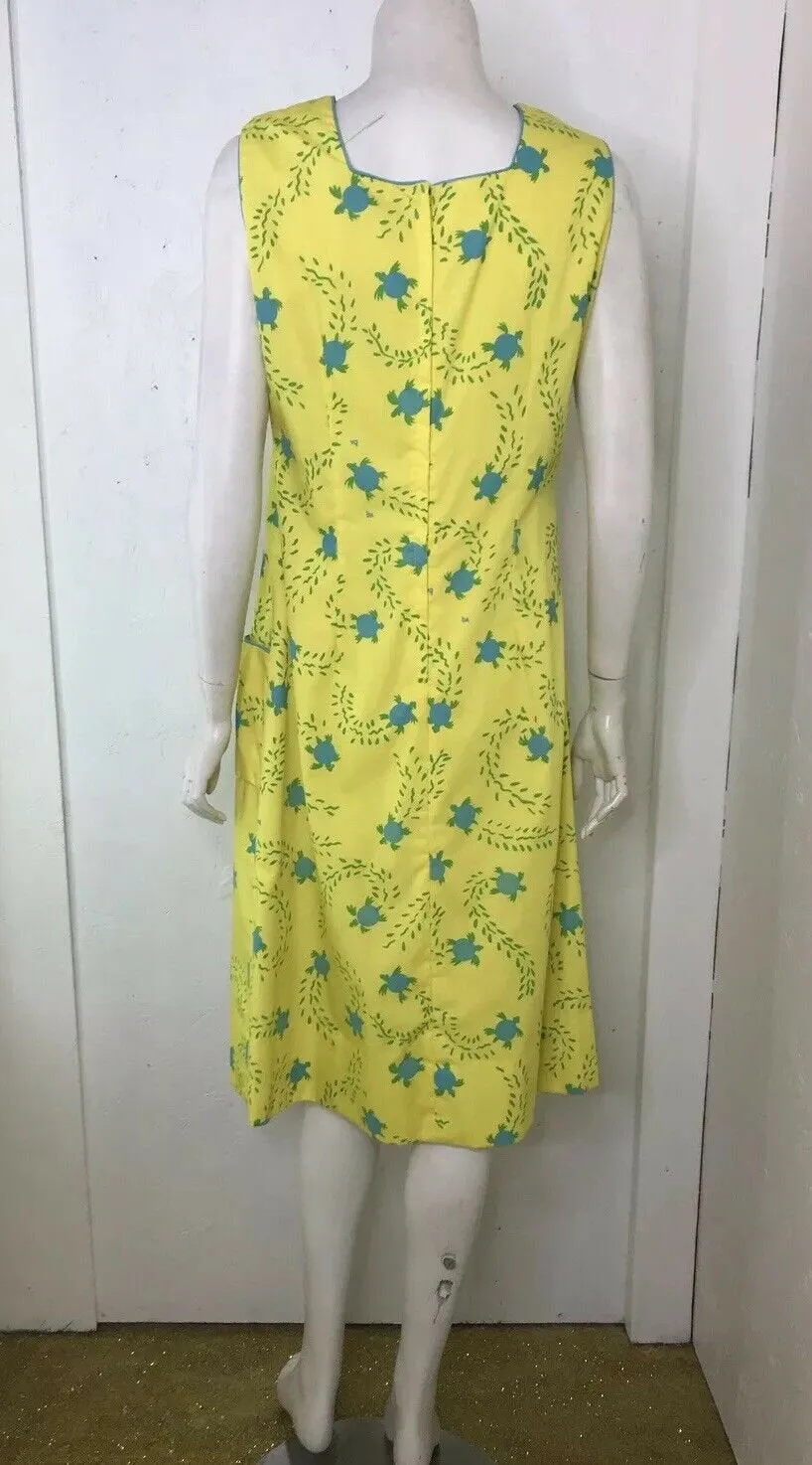 Vintage THE VESTED GENTRESS Retro Hand Screen Print Turtles Yellow Blue Dress 10