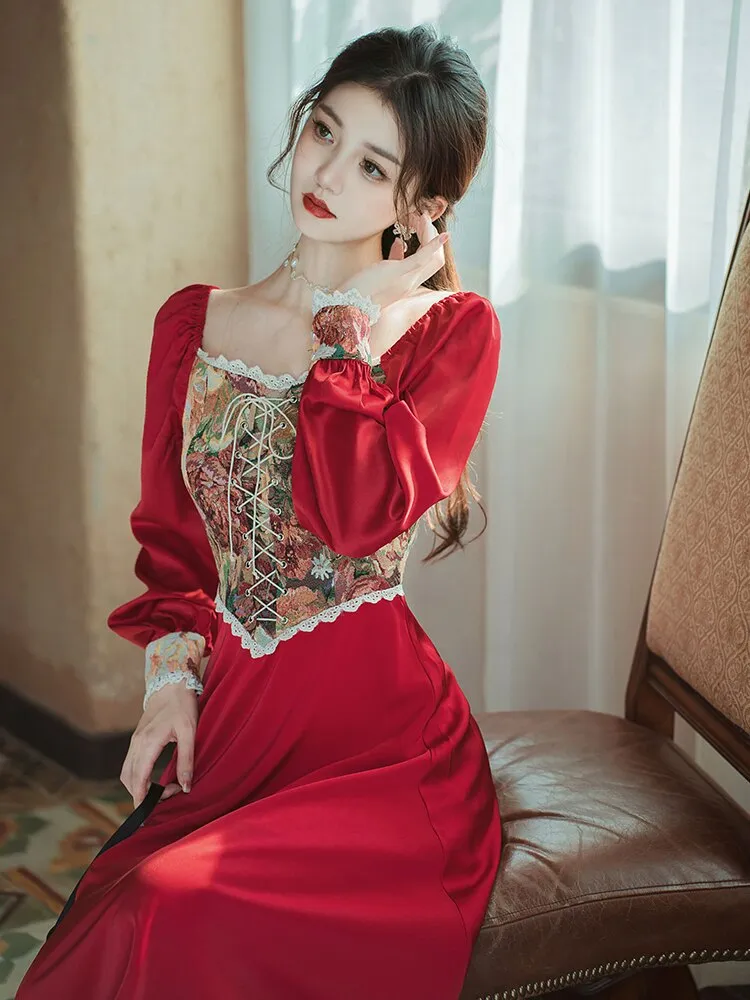 Vintage Victorian Graceful Style Red Dress