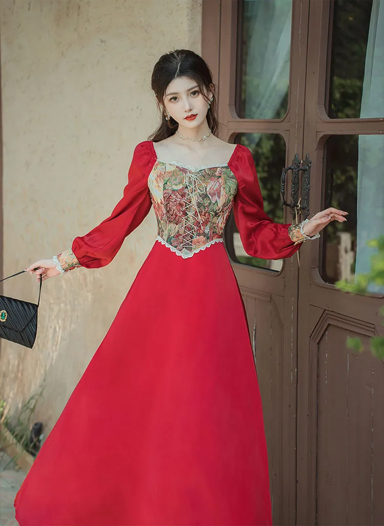 Vintage Victorian Graceful Style Red Dress