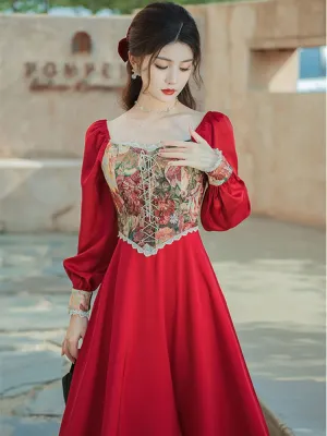 Vintage Victorian Graceful Style Red Dress