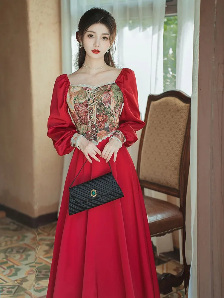 Vintage Victorian Graceful Style Red Dress