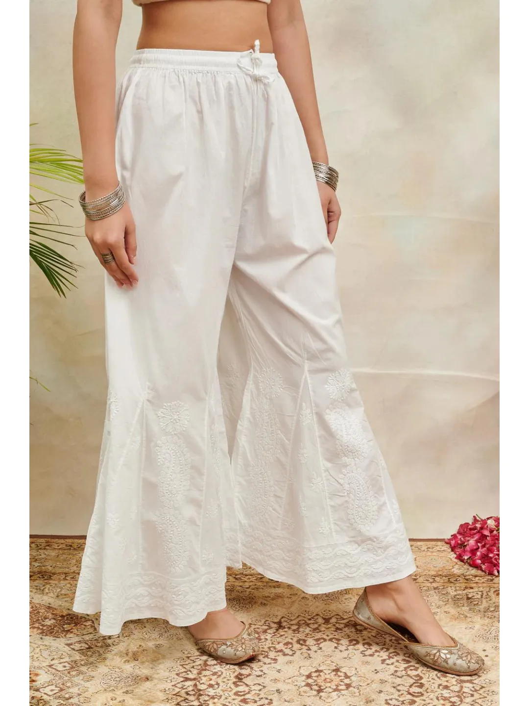 White Cotton Chikankari Embroidered Sharara Pants