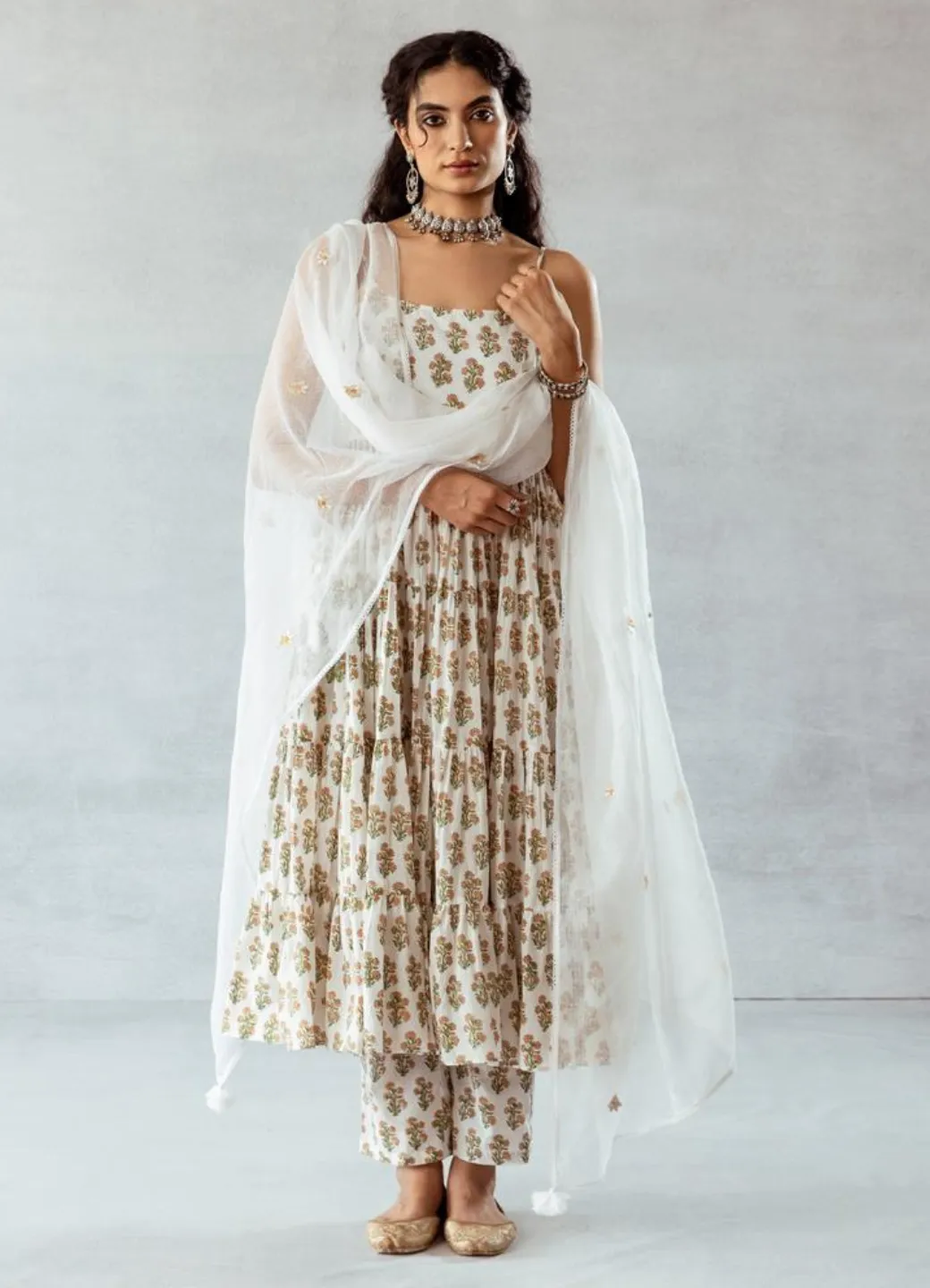 White Cotton Strappy Tiered Anarkali Set