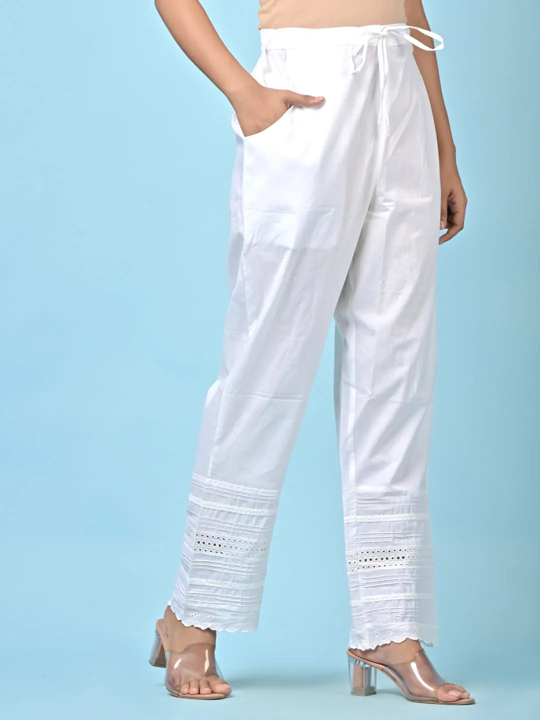 White Pintuck Cotton Pants