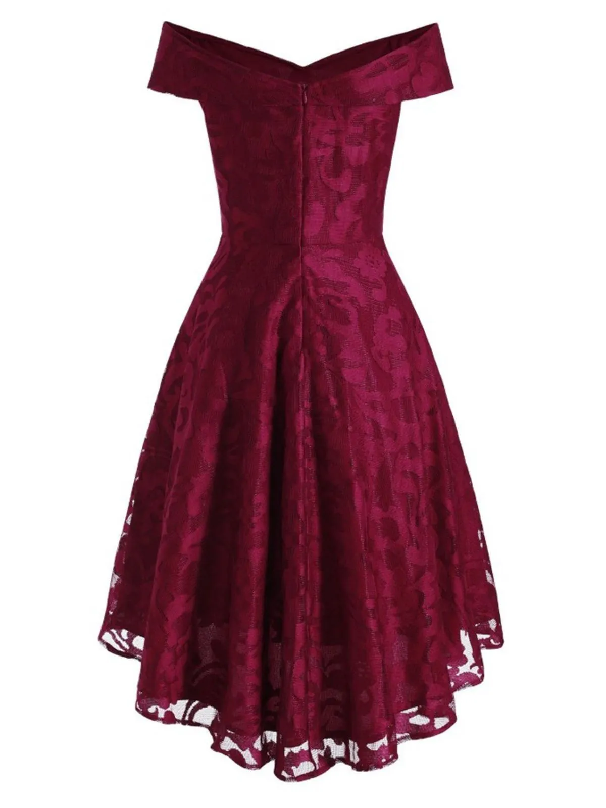 Wine Red 1950s Off Shoulder High-Low Dress