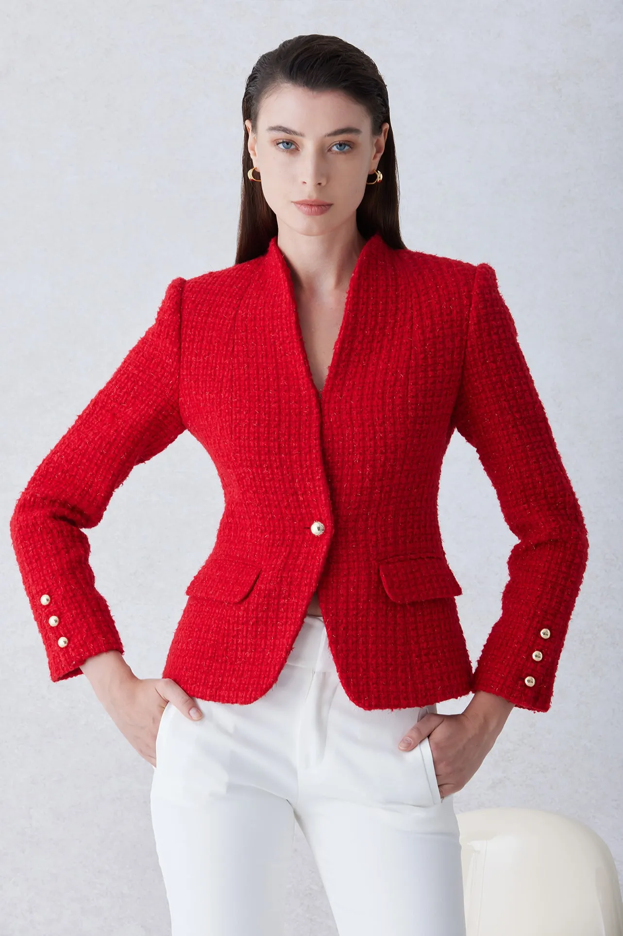 WOOL BLEND TWEED JACKET IN RED