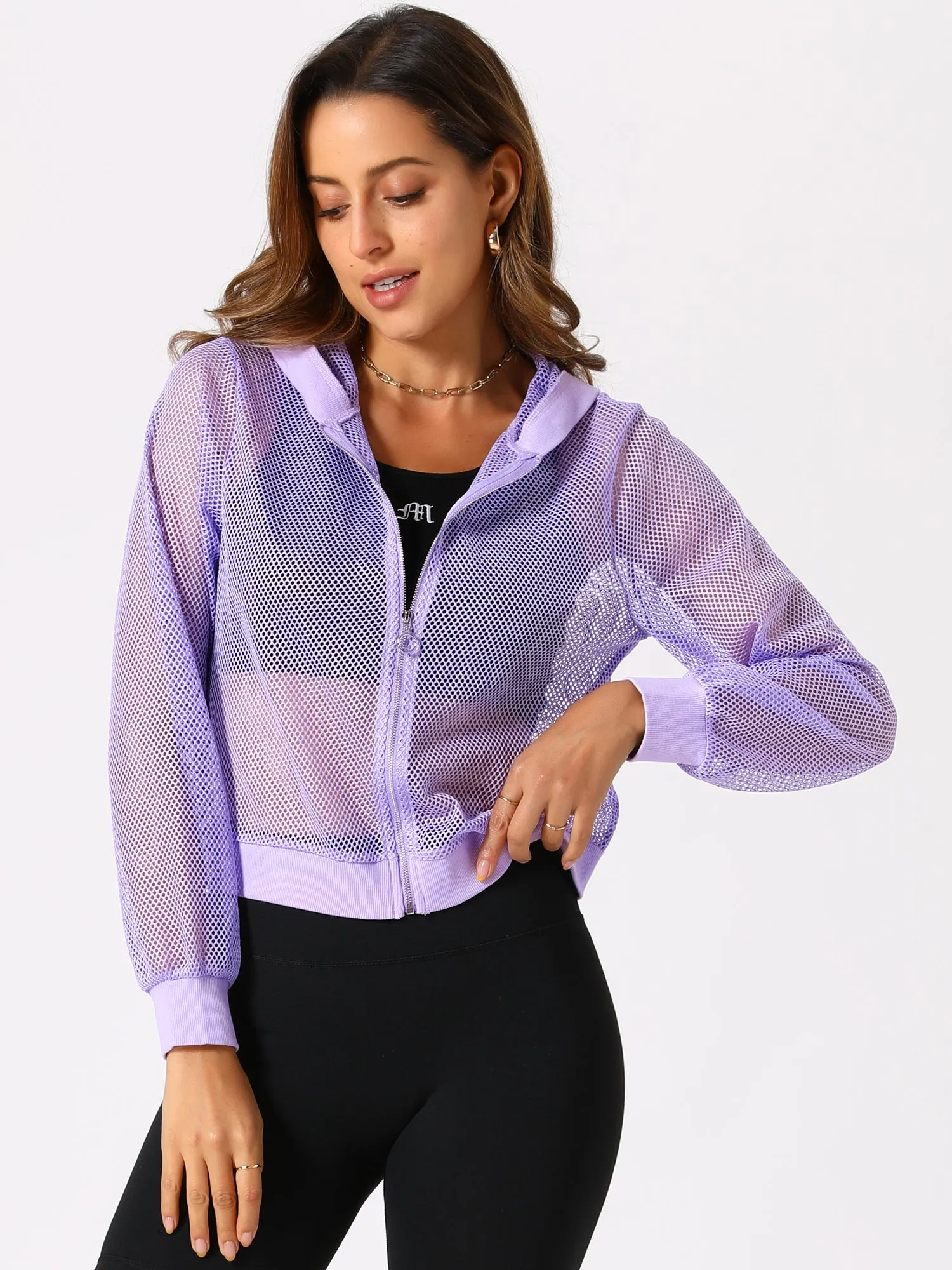 Zip Up Long Sleeve Mesh Sheer Hoodie Bomber Jackets