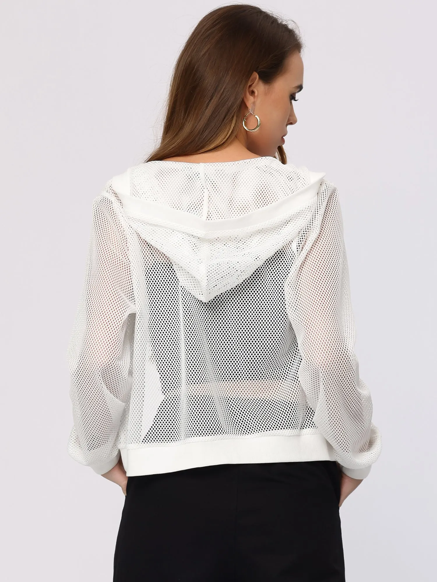 Zip Up Long Sleeve Mesh Sheer Hoodie Bomber Jackets