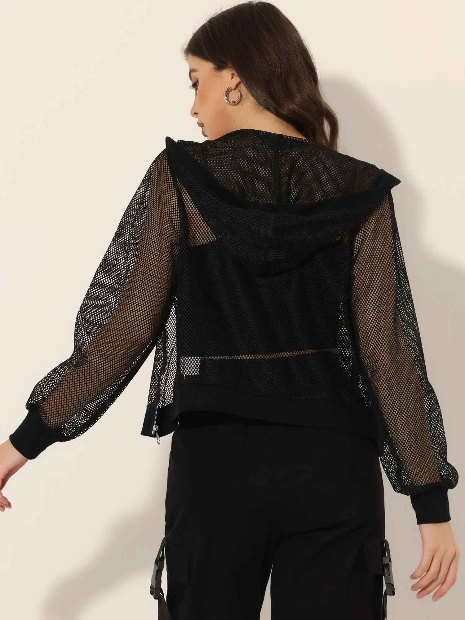 Zip Up Long Sleeve Mesh Sheer Hoodie Bomber Jackets