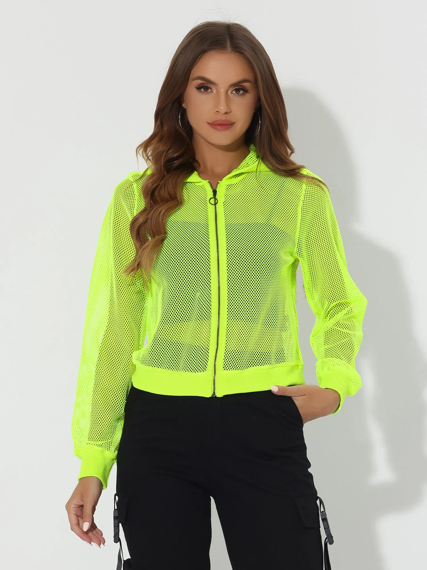 Zip Up Long Sleeve Mesh Sheer Hoodie Bomber Jackets