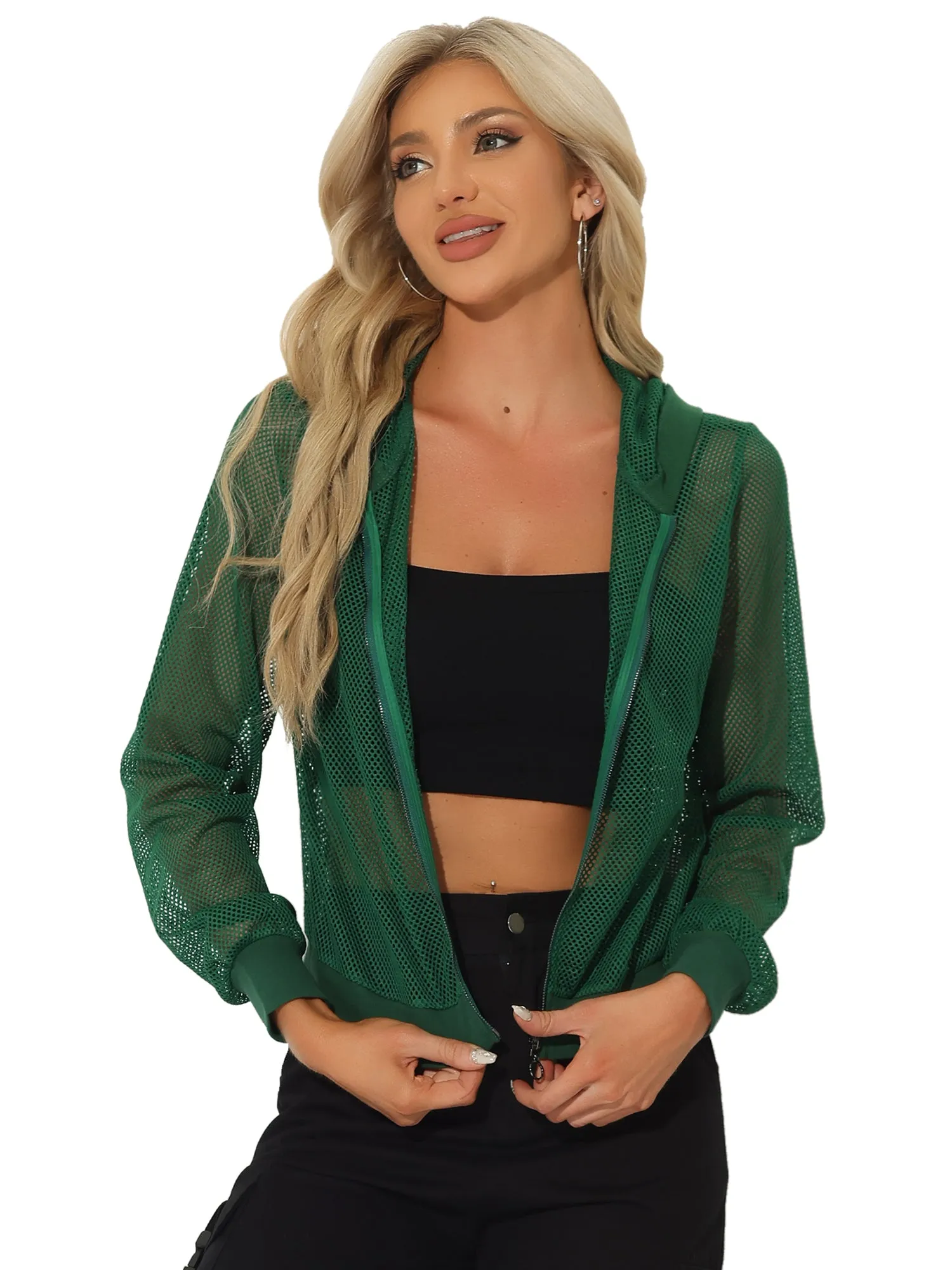 Zip Up Long Sleeve Mesh Sheer Hoodie Bomber Jackets