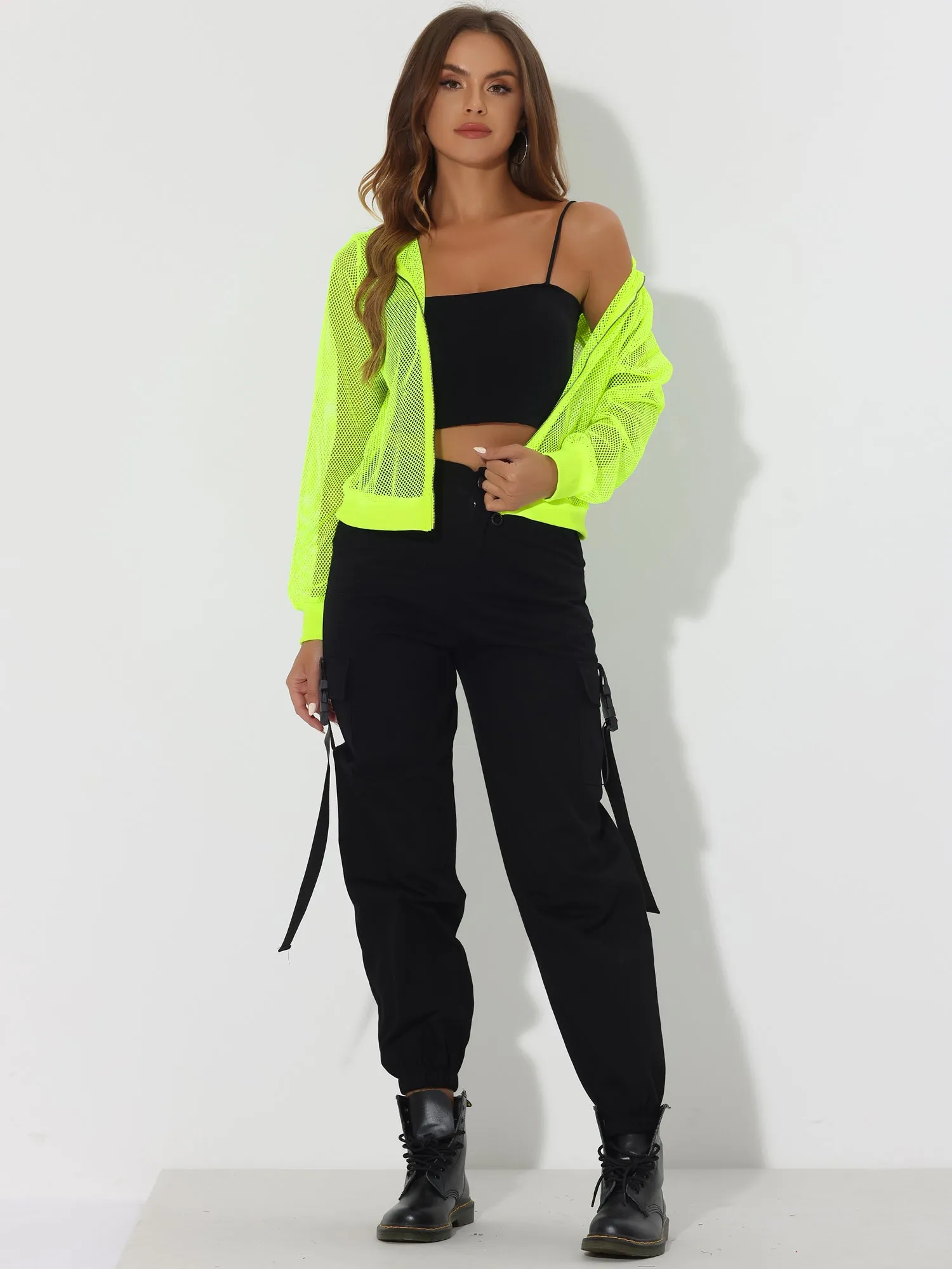 Zip Up Long Sleeve Mesh Sheer Hoodie Bomber Jackets