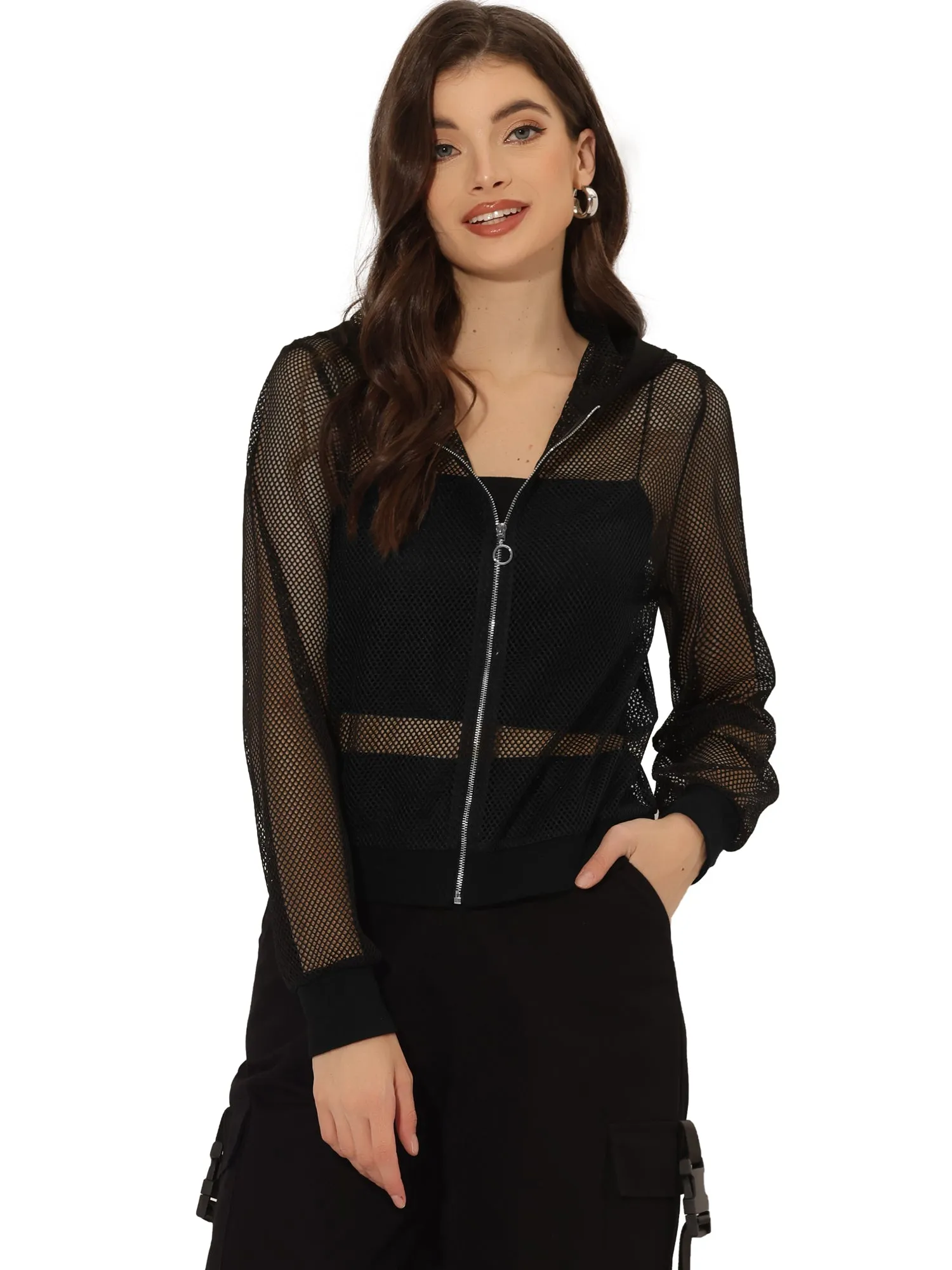 Zip Up Long Sleeve Mesh Sheer Hoodie Bomber Jackets