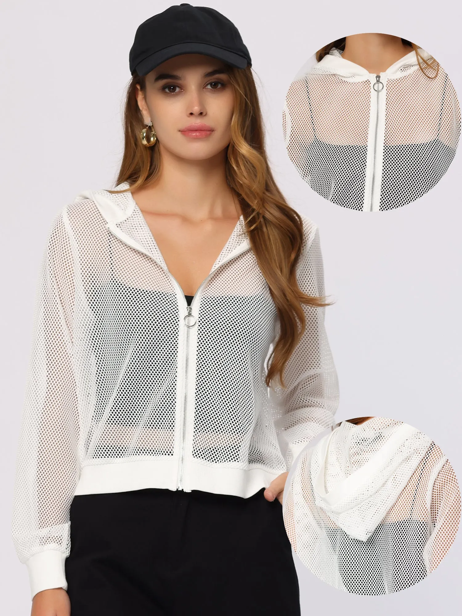 Zip Up Long Sleeve Mesh Sheer Hoodie Bomber Jackets