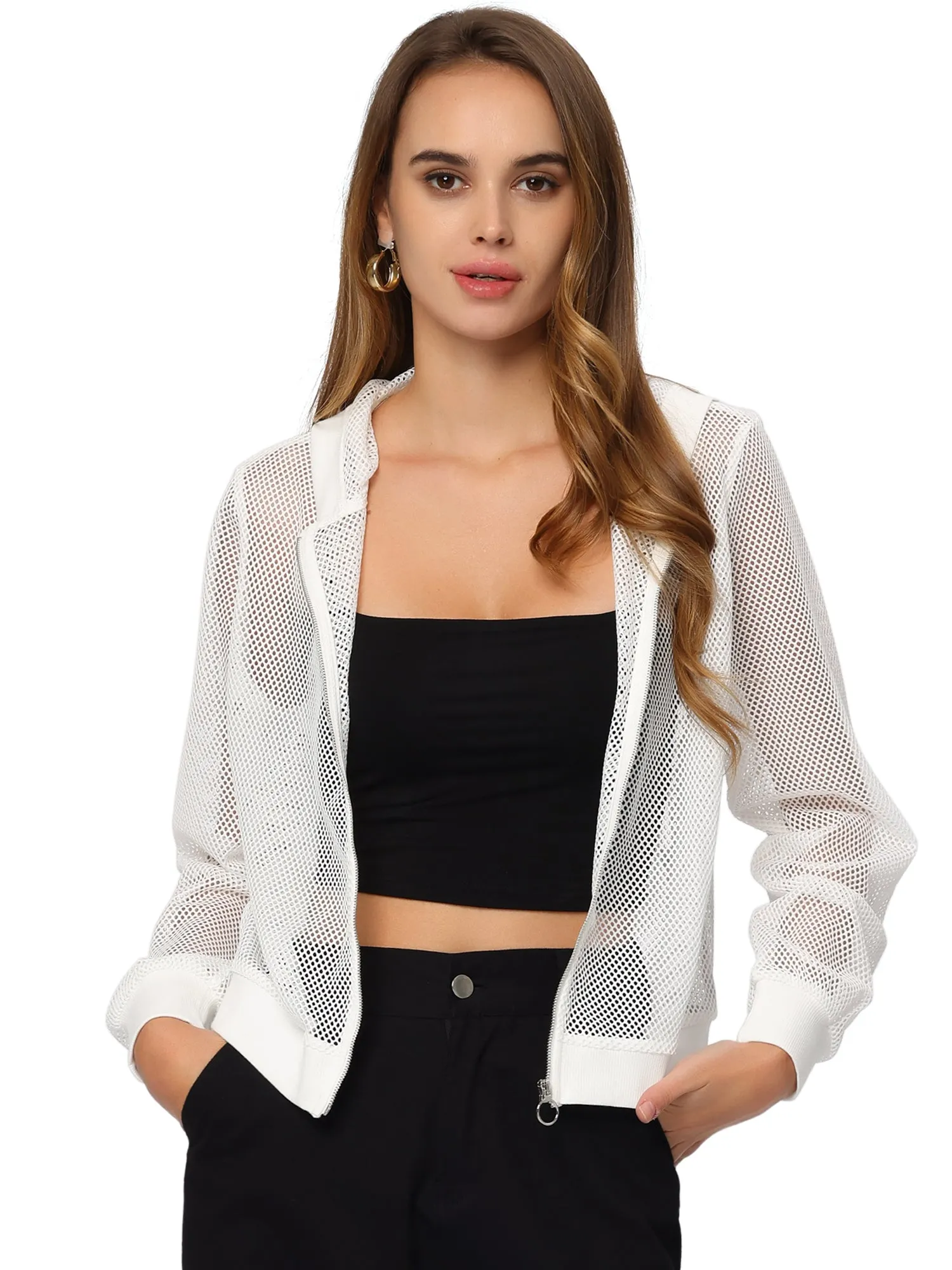 Zip Up Long Sleeve Mesh Sheer Hoodie Bomber Jackets