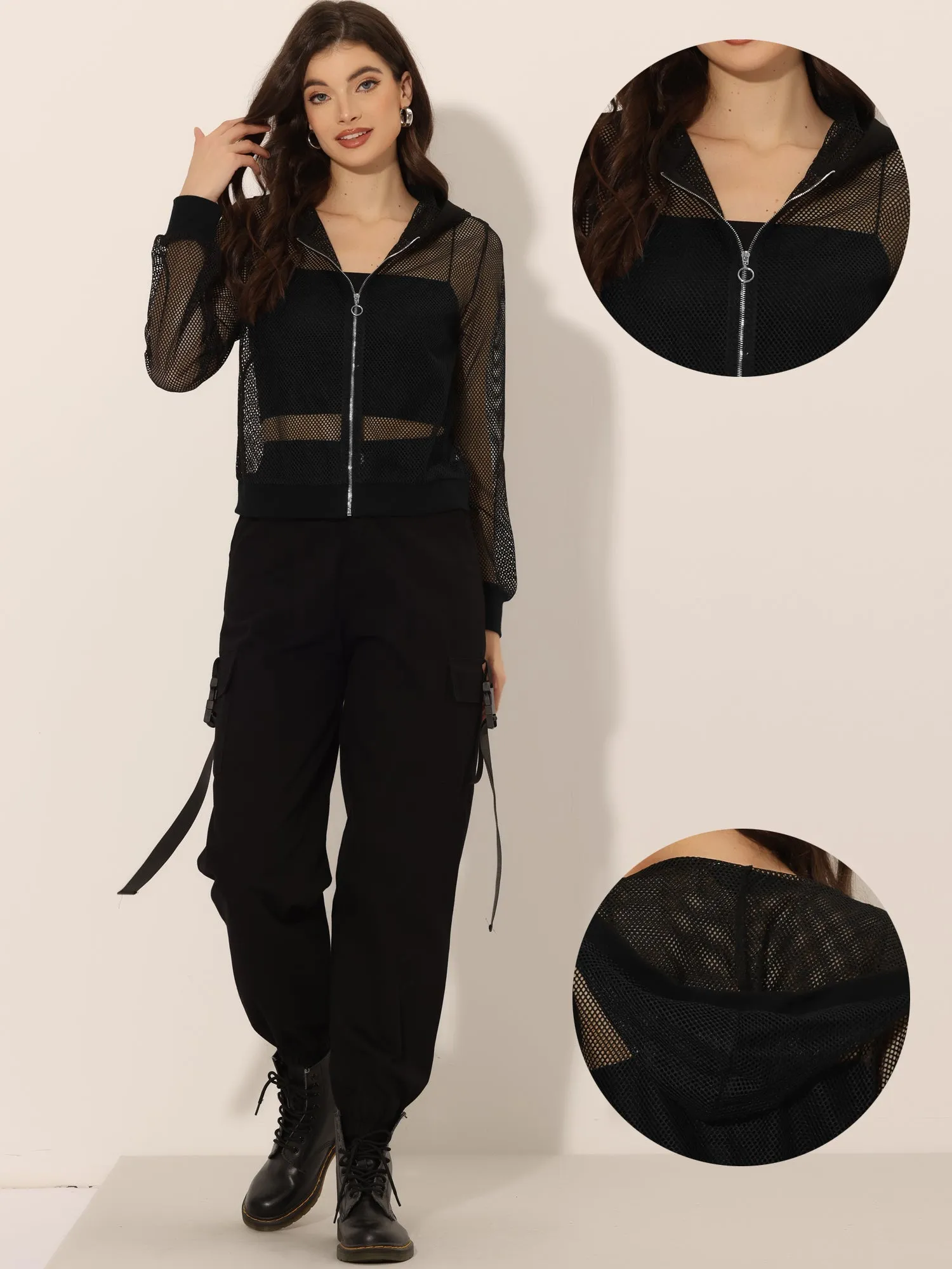 Zip Up Long Sleeve Mesh Sheer Hoodie Bomber Jackets