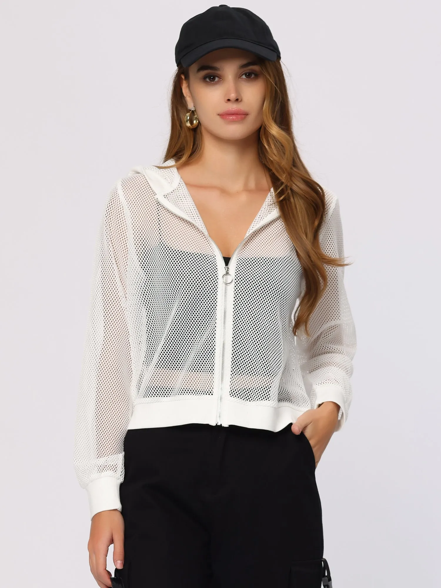 Zip Up Long Sleeve Mesh Sheer Hoodie Bomber Jackets