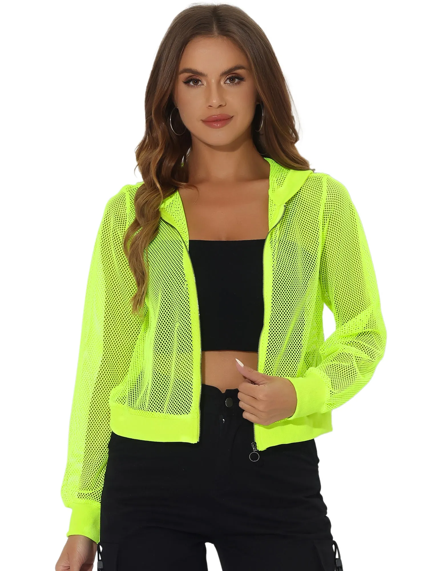 Zip Up Long Sleeve Mesh Sheer Hoodie Bomber Jackets