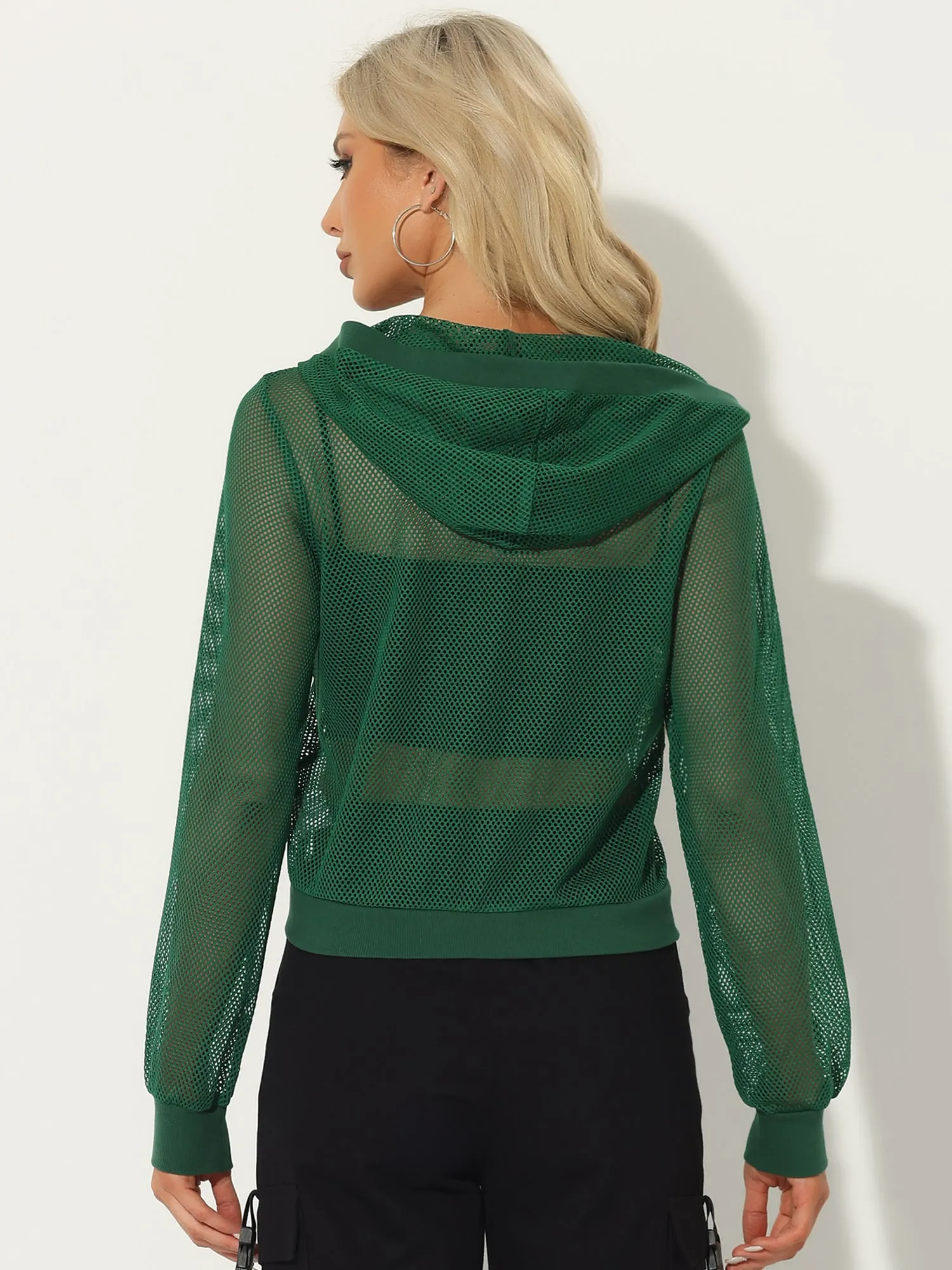 Zip Up Long Sleeve Mesh Sheer Hoodie Bomber Jackets