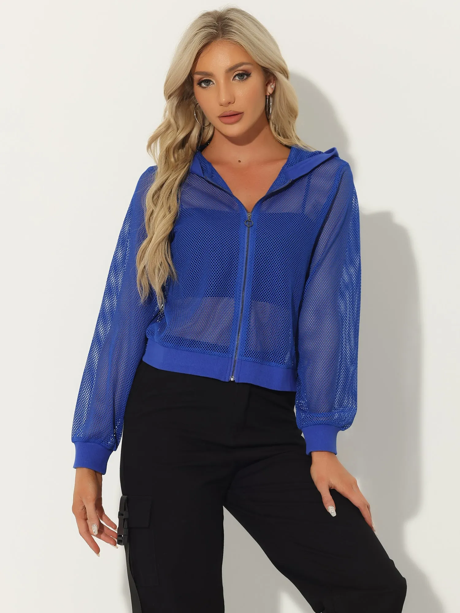 Zip Up Long Sleeve Mesh Sheer Hoodie Bomber Jackets