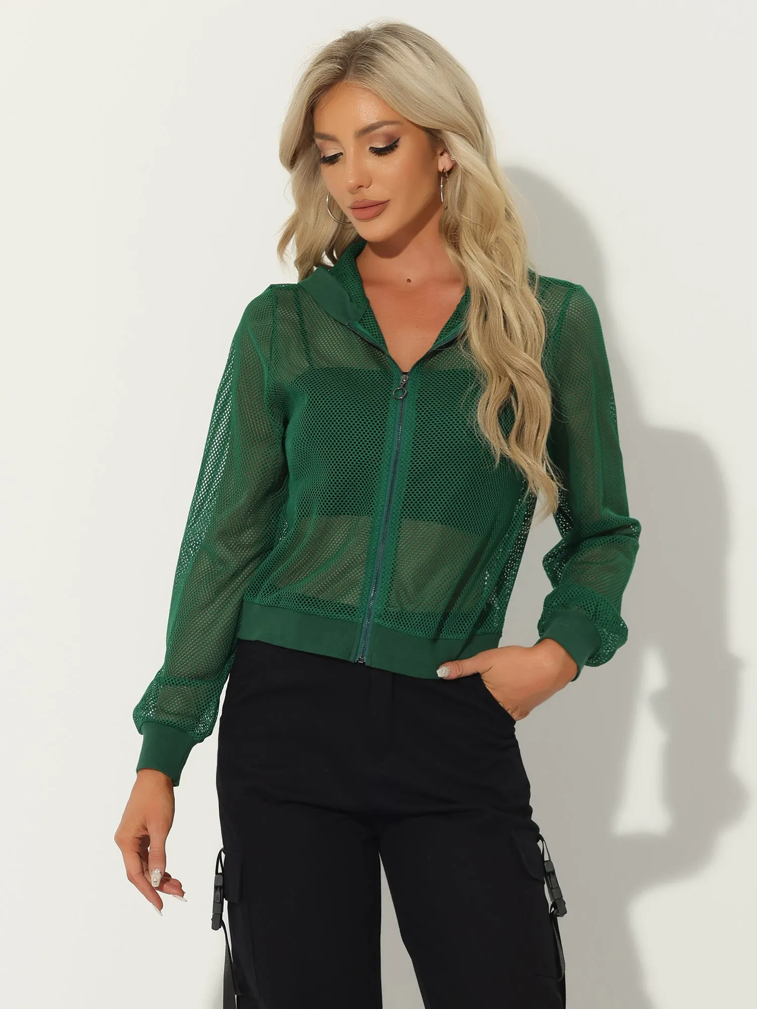 Zip Up Long Sleeve Mesh Sheer Hoodie Bomber Jackets