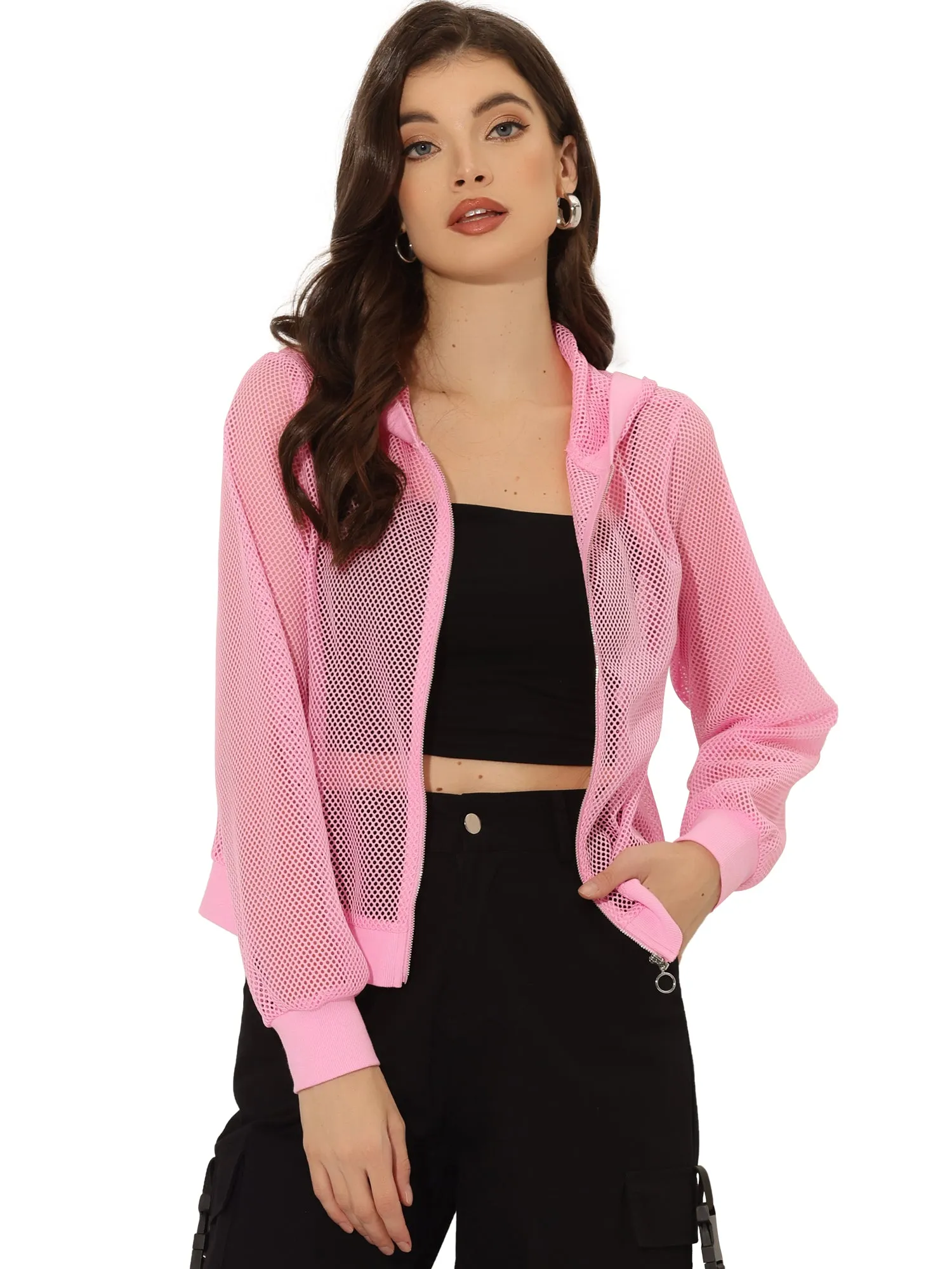 Zip Up Long Sleeve Mesh Sheer Hoodie Bomber Jackets