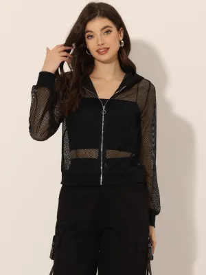 Zip Up Long Sleeve Mesh Sheer Hoodie Bomber Jackets